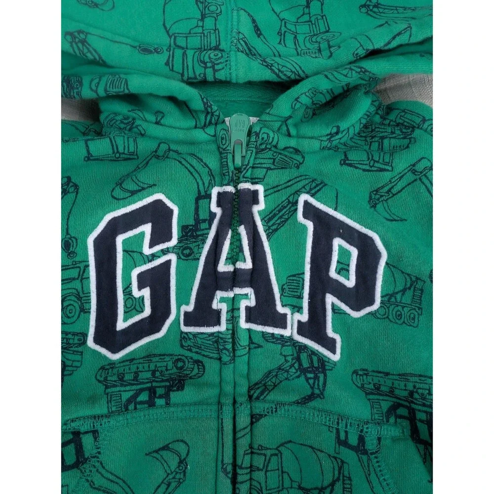 Gap Toddler Boy Construction Vehicles Green Logo Hoodie Sweater Full Zip Size 2